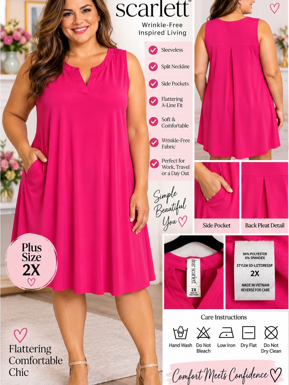 Eloquii Sleeveless Split-Neck A-Line Tunic — Bright Pink
